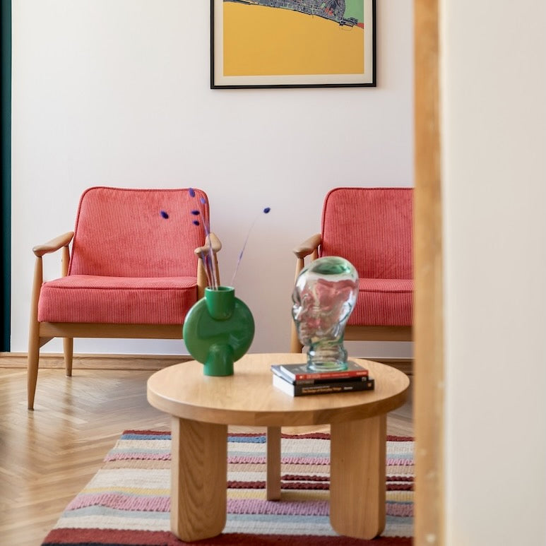 SK2 round solid oak coffee tables with minimalist design