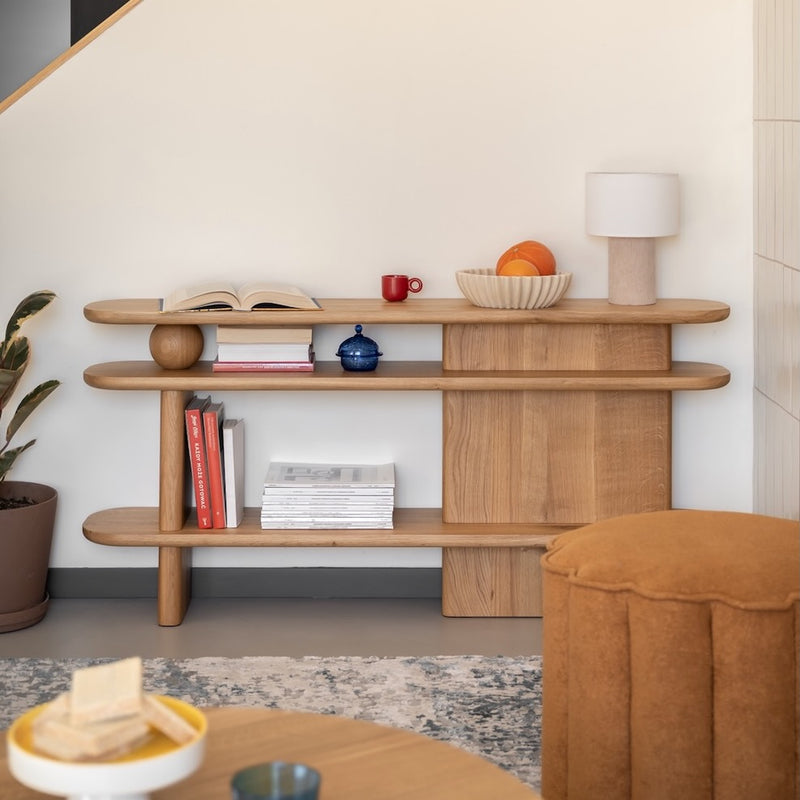 Handcrafted KAZA solid oak shelf with natural wood finish