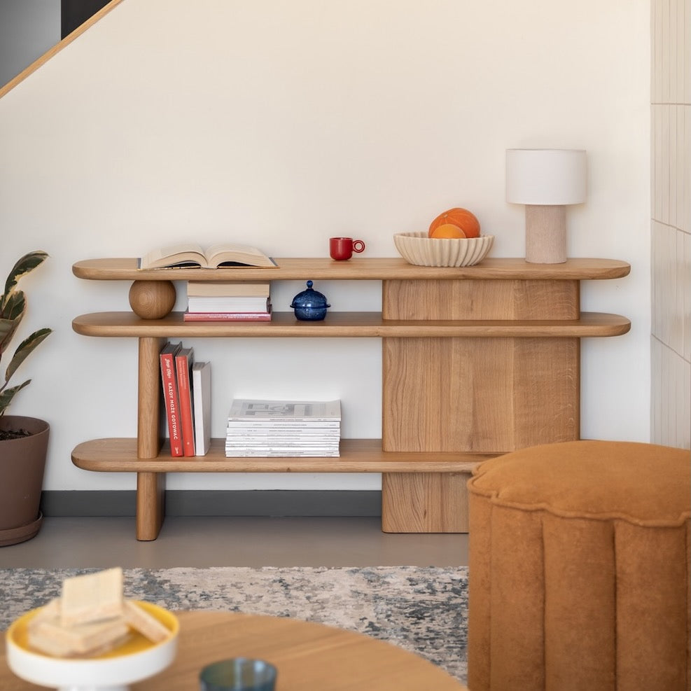 Handcrafted KAZA solid oak shelf with natural wood finish