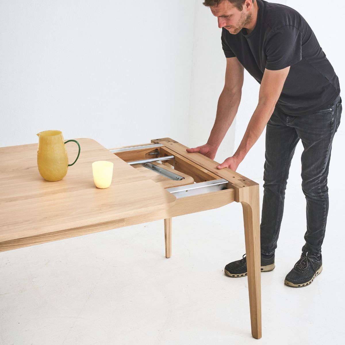 Minimalist solid oak dining table DUNO with perfectly balanced proportions