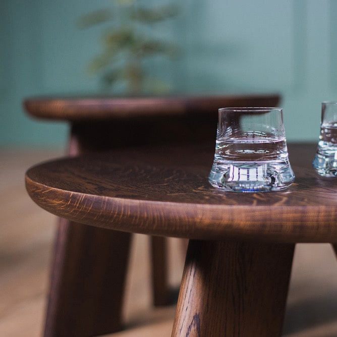 Handcrafted SK5 OVO solid oak coffee tables with smooth rounded edges