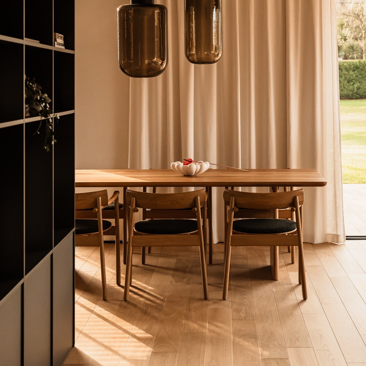 Elegant solid oak dining table ST 16 OVO with rectangular wooden legs